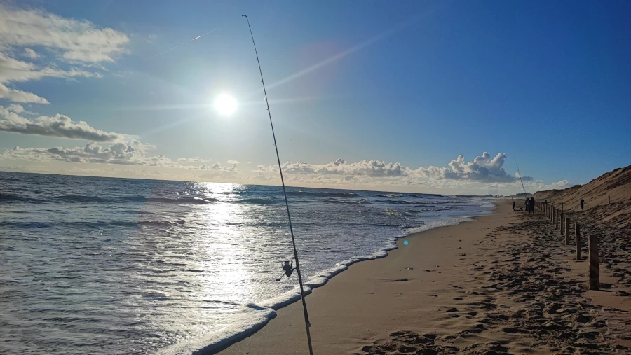 Vue de la plage de la barrique sur le littoral Vendéen avec une canne de surfcasting en action de pêche et un magnifique soleil