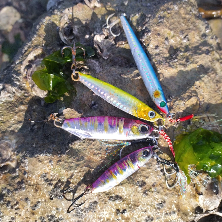Quatre jig's plus ou moins grosse et longue, un bleu, un jaune et deux rose avec tous des reflets métalliques, posé sur un rocher avec des algues
