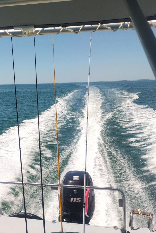Vue de l'arrière du bateau faisant route avec en premier plan les cannes haut de gamme rangées dans les porte cannes.